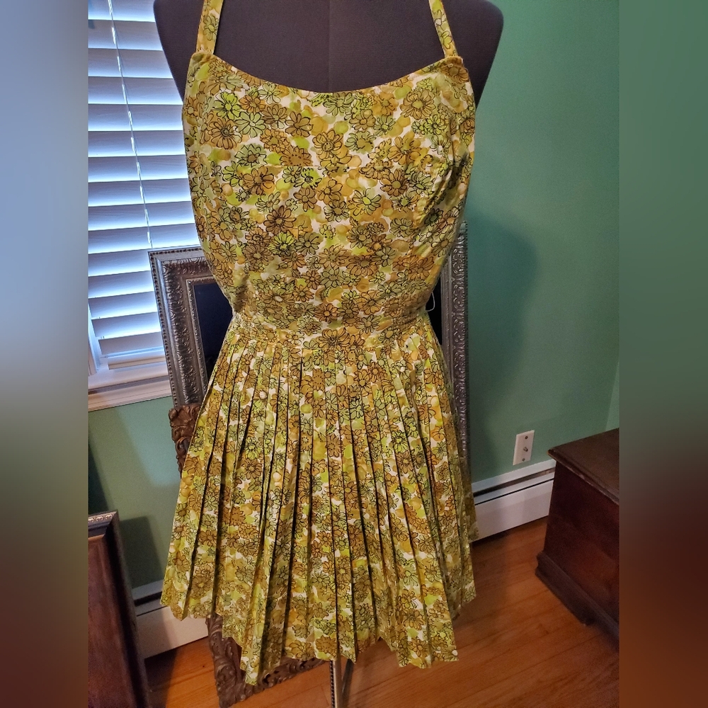 Unique Vintage 1950s Yellow Floral Halter Pleated Dress With Shorts Underneath